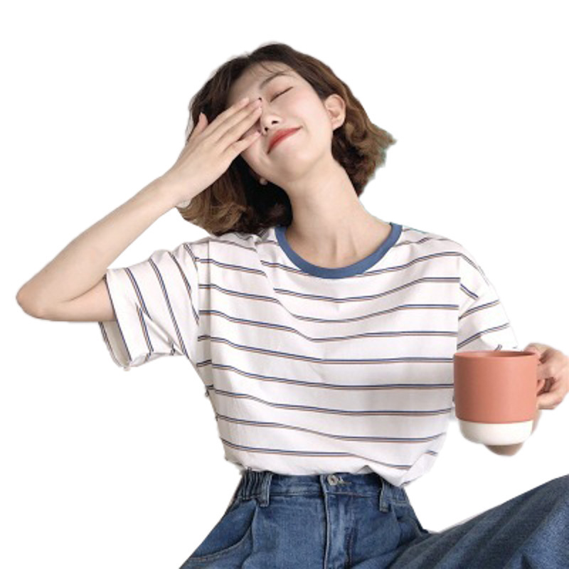 ボーダー服 ボーダー服 リブ襟細ボーダー半袖Tシャツ