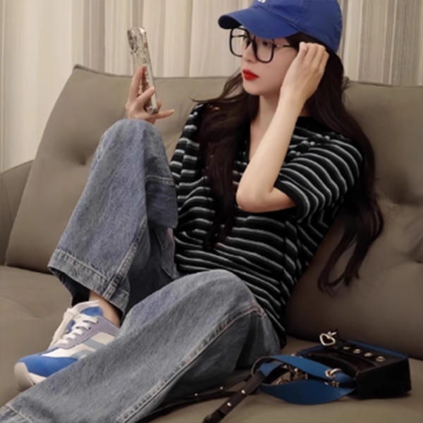 ボーダー服 2025新作 襟付きボーダーニット 半袖ポロカラーシャツ