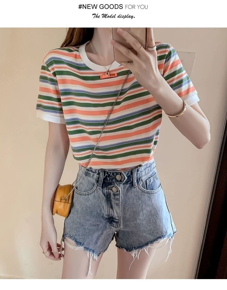 ボーダー服 ボーダー服 マルチボーダー丸首ゆったりTシャツ