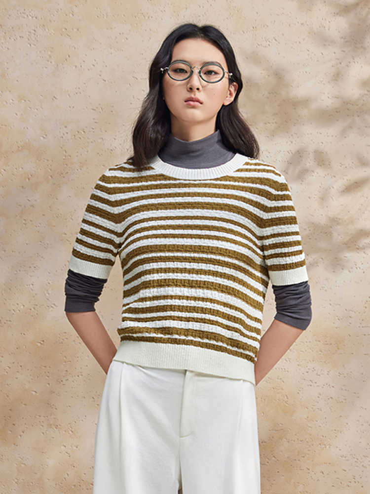 ボーダー服 重ね着風ボーダーショートニット