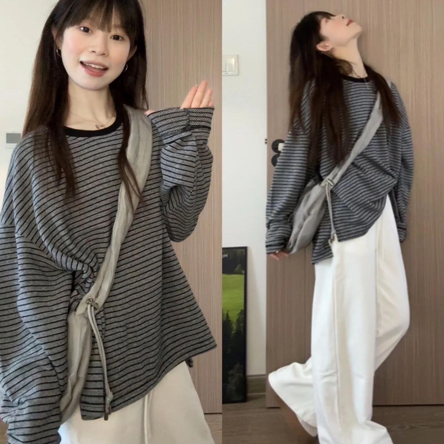 ボーダー服 ゆったりボーダー長袖カットソー
