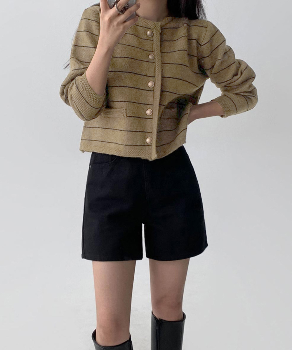 ボーダー服 細ボーダー柄丸首ニットカーディガン