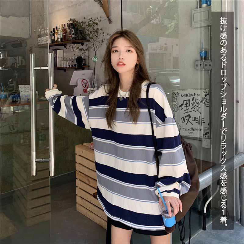 ボーダー服 女性用ボーダー柄長袖プルオーバートップス