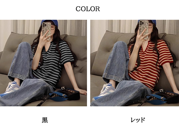 ボーダー服 2025新作 襟付きボーダーニット 半袖ポロカラーシャツ