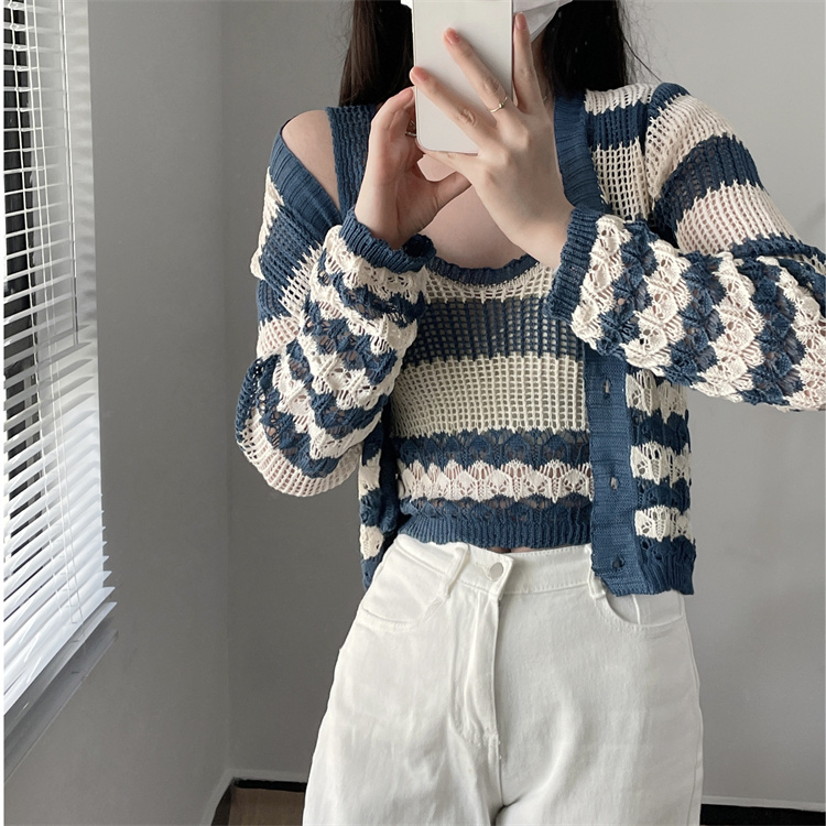 ボーダー服 ボーダー柄ニットカーディガン二点セット秋冬