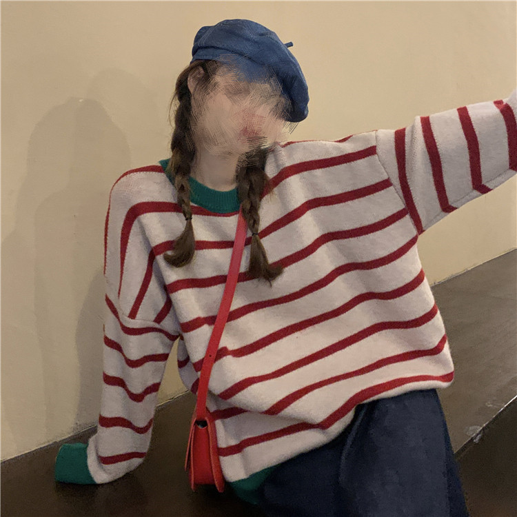 ボーダー服 ボーダーニットセーター レディース ゆったりリラックス風トップス