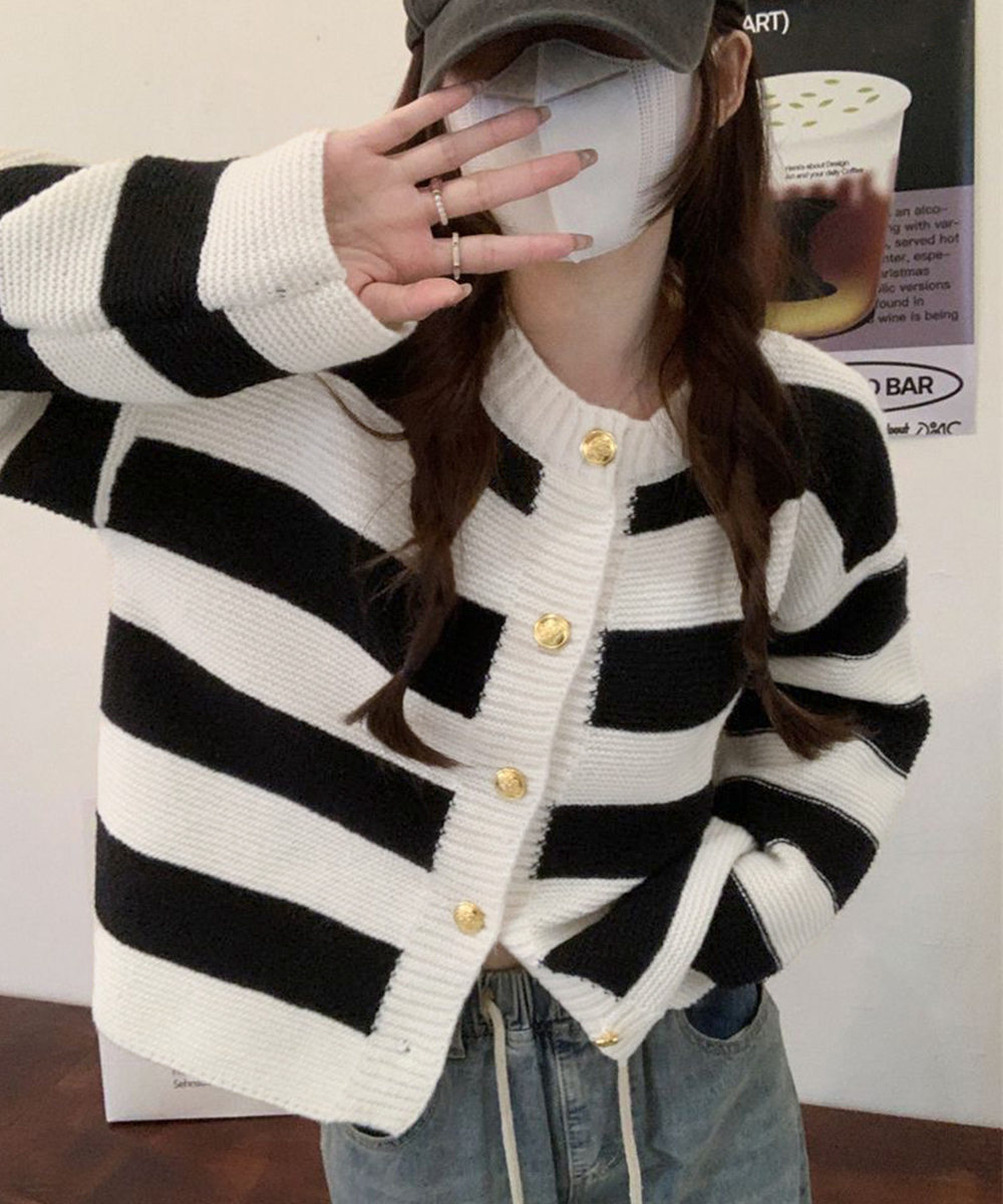 ボーダー服 ボーダー柄ニットカーディガン長袖体型カバー