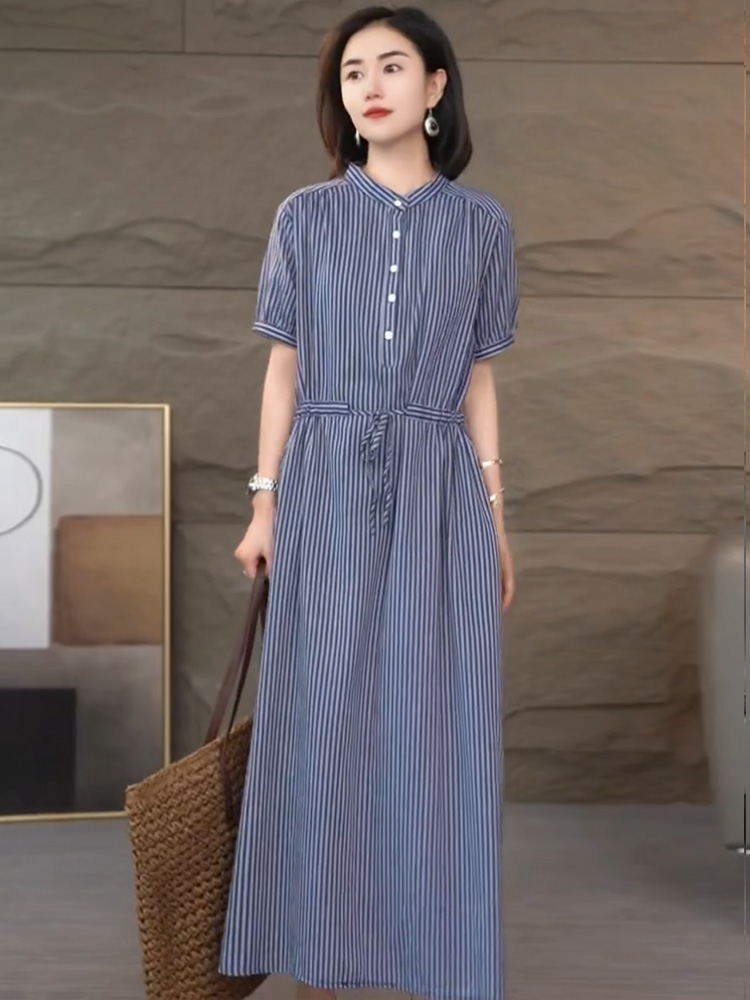 ボーダー服 立ち襟縦縞マキシワンピース