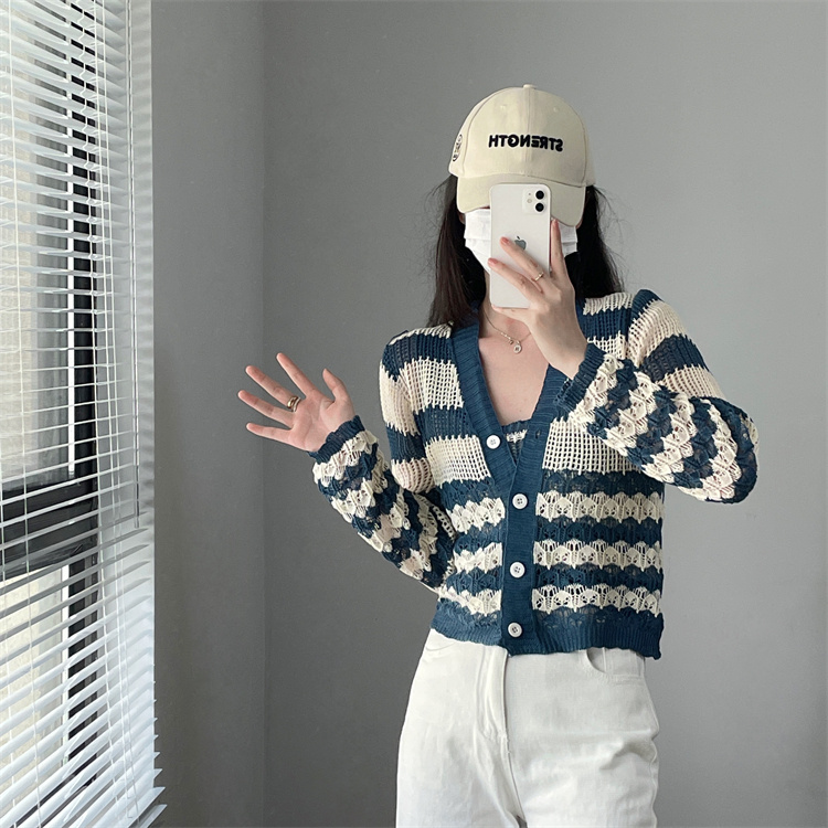 ボーダー服 ボーダー柄ニットカーディガン二点セット秋冬