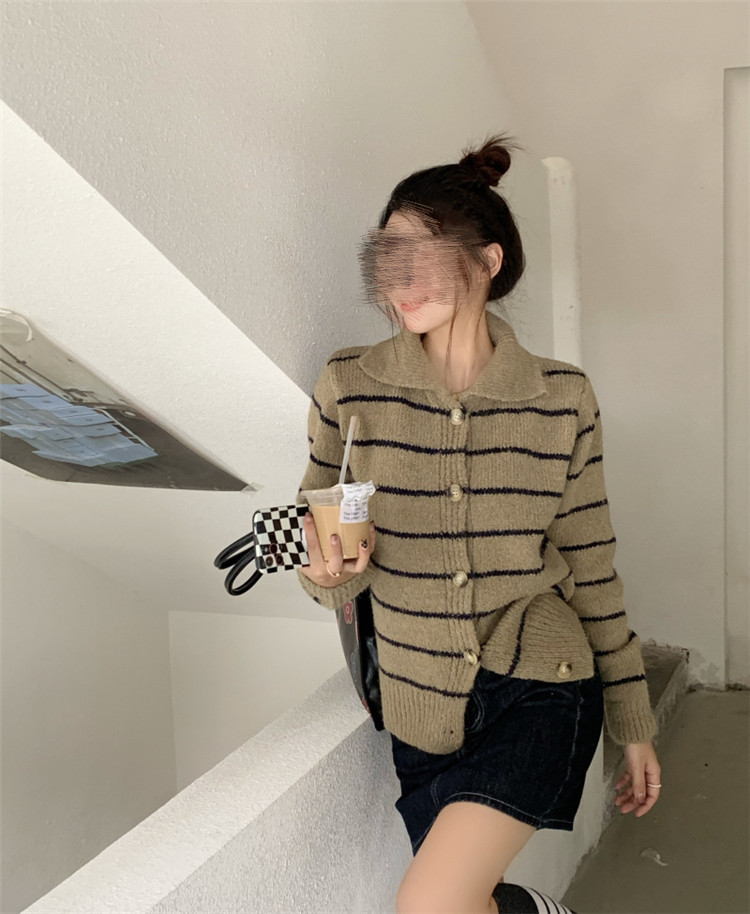 ボーダー服 復古気質ボーダーカーディガン長袖ニット