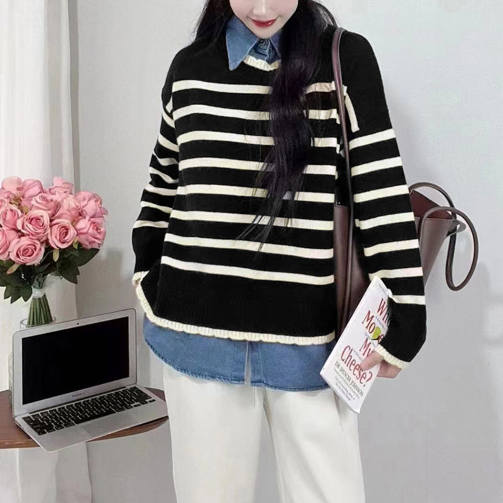 ボーダー服 ボーダーニット重ね着風長袖トップス