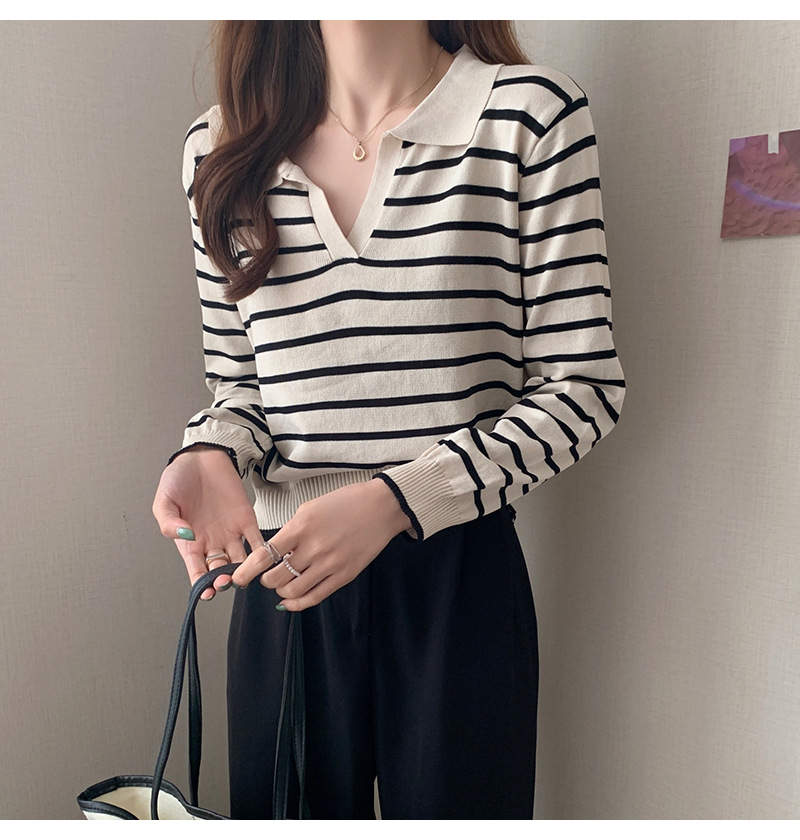 ボーダー服 新作レディース襟付きボーダーニット長袖