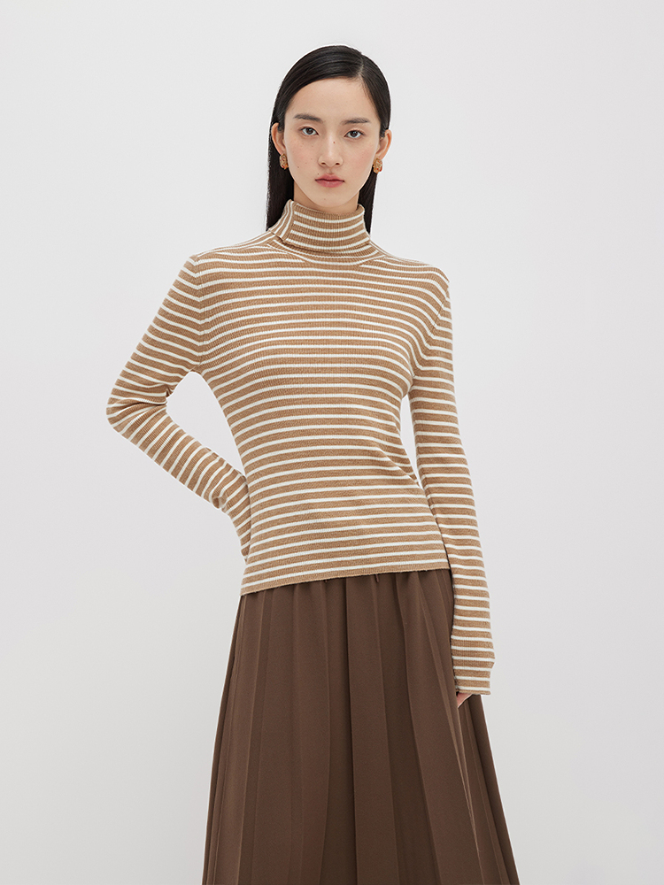 ボーダー服 リブ編み細ボーダータートルネック