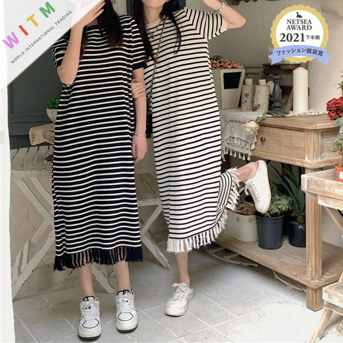 ボーダー服 ボーダー柄ロングワンピース半袖体型カバー上品レディース