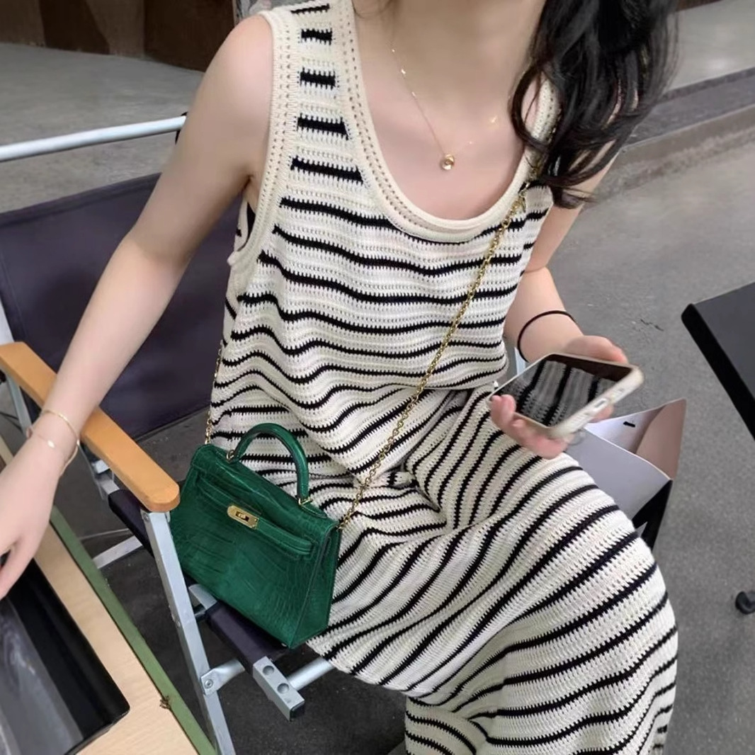 ボーダー服 ボーダー服 涼やか編み目ボーダーニットワンピース