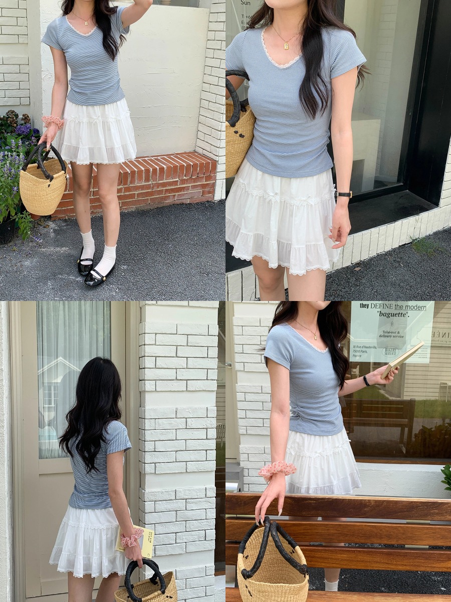 ボーダー服 レース縁取りボーダー胸元Tシャツ
