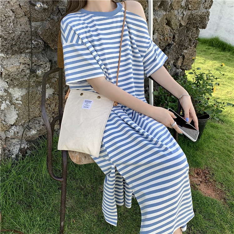 ボーダー服 肩見せボーダーゆったりワンピース