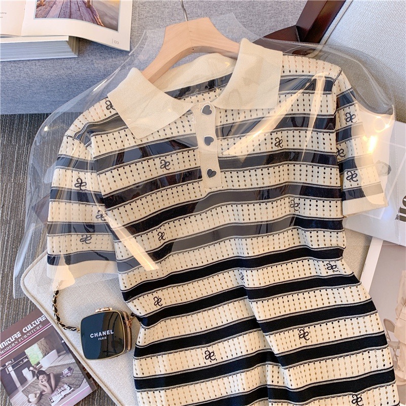 ボーダー服 ボーダー服 襟付き刺繍ボーダーワンピース