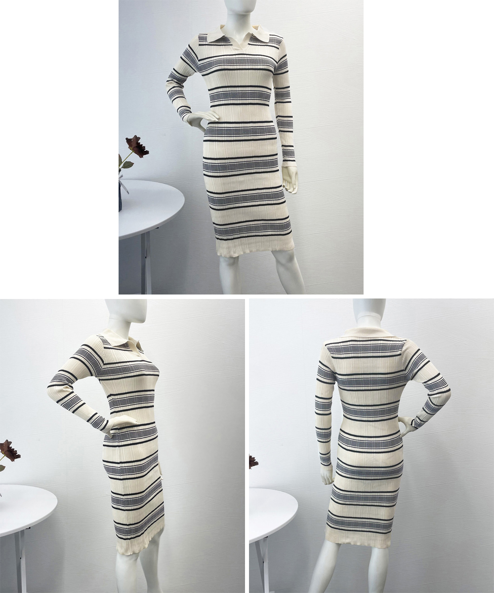 ボーダー服 襟付きボーダーニットワンピース 長袖タイトワンピ