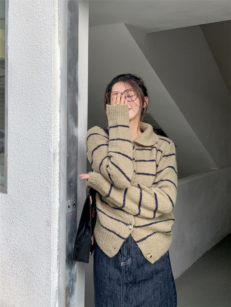 ボーダー服 復古気質ボーダーカーディガン長袖ニット