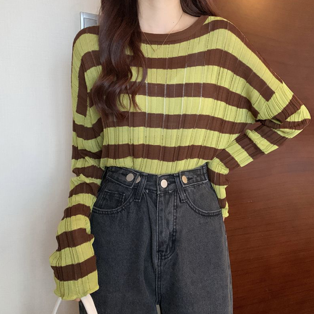 ボーダー服 ボーダー柄リブニットトップス長袖