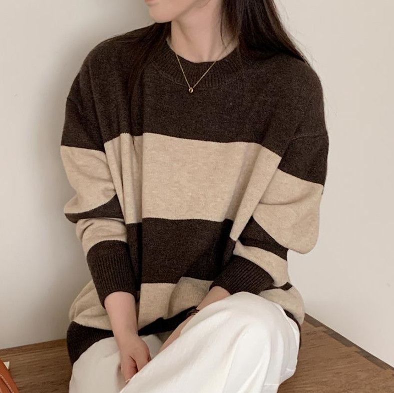 ボーダー服 新作 ボーダー柄ニットセーター ゆったりプルオーバー