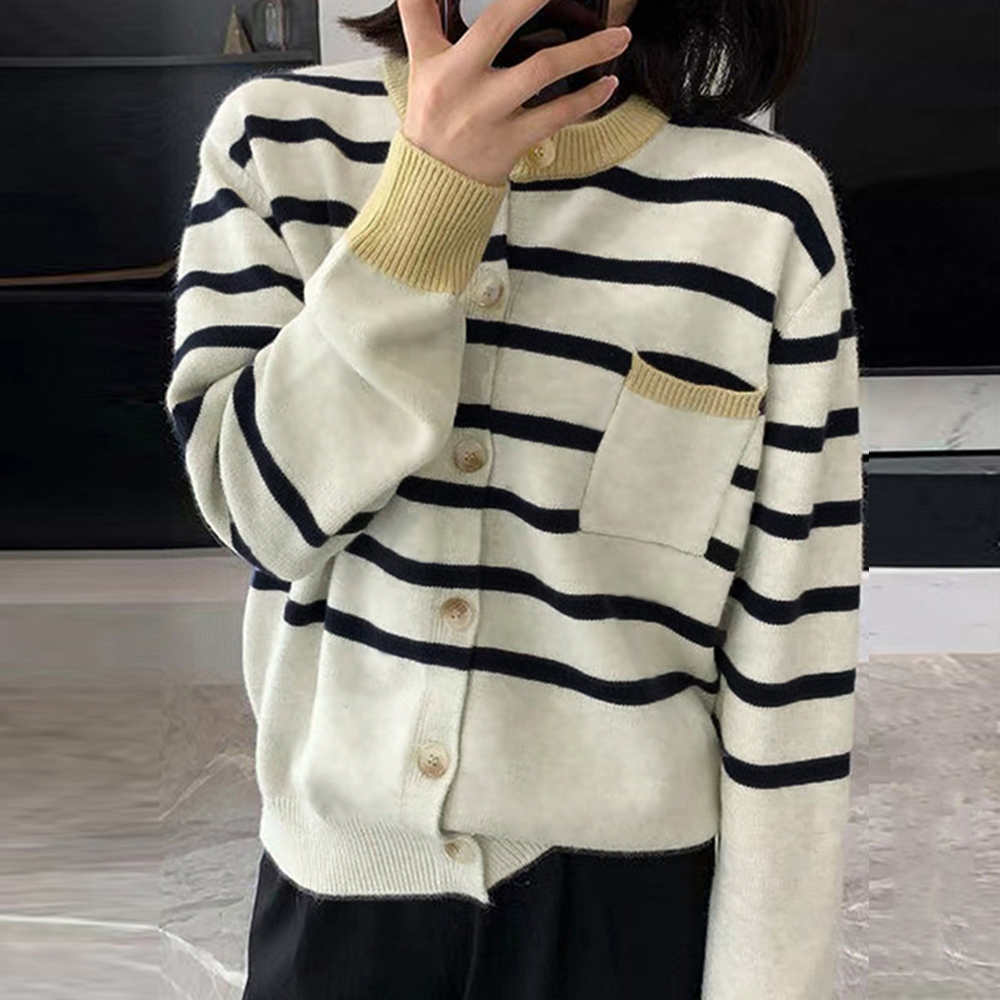 ボーダー服 ボーダー柄ニットカーディガン レディース 配色デザイン