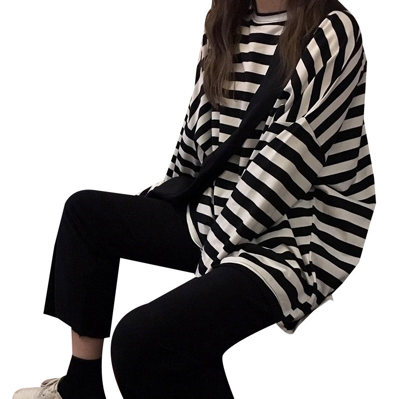 ボーダー服 ボーダー服 ゆったり横縞長袖ティーシャツ