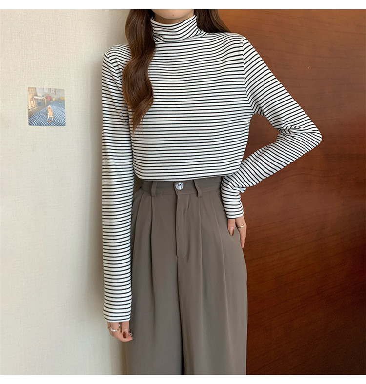 ボーダー服 暖かい厚手ボーダータートルネック長袖シャツ