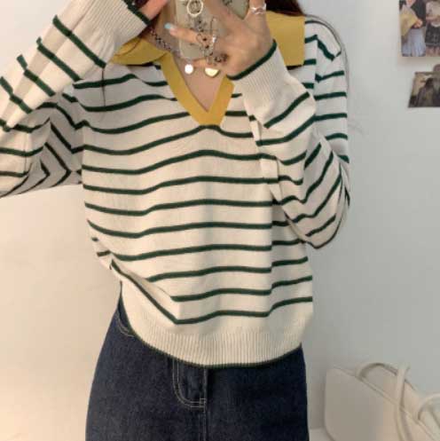 ボーダー服 新作レディース襟付きボーダーニット長袖