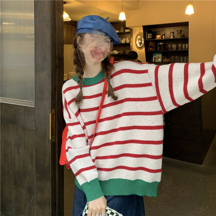 ボーダー服 ボーダーニットセーター レディース ゆったりリラックス風トップス