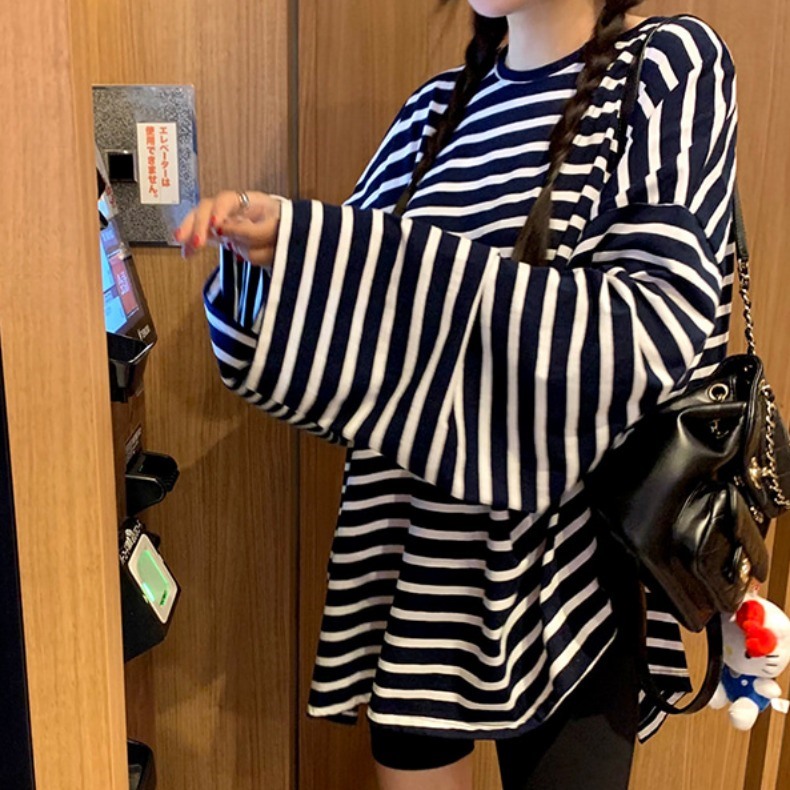 ボーダー服 ボーダー柄 長袖 ゆったり丸首カットソー