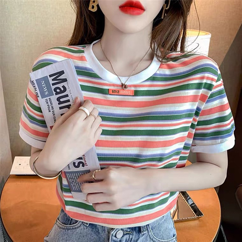 ボーダー服 ボーダー服 マルチボーダー丸首ゆったりTシャツ