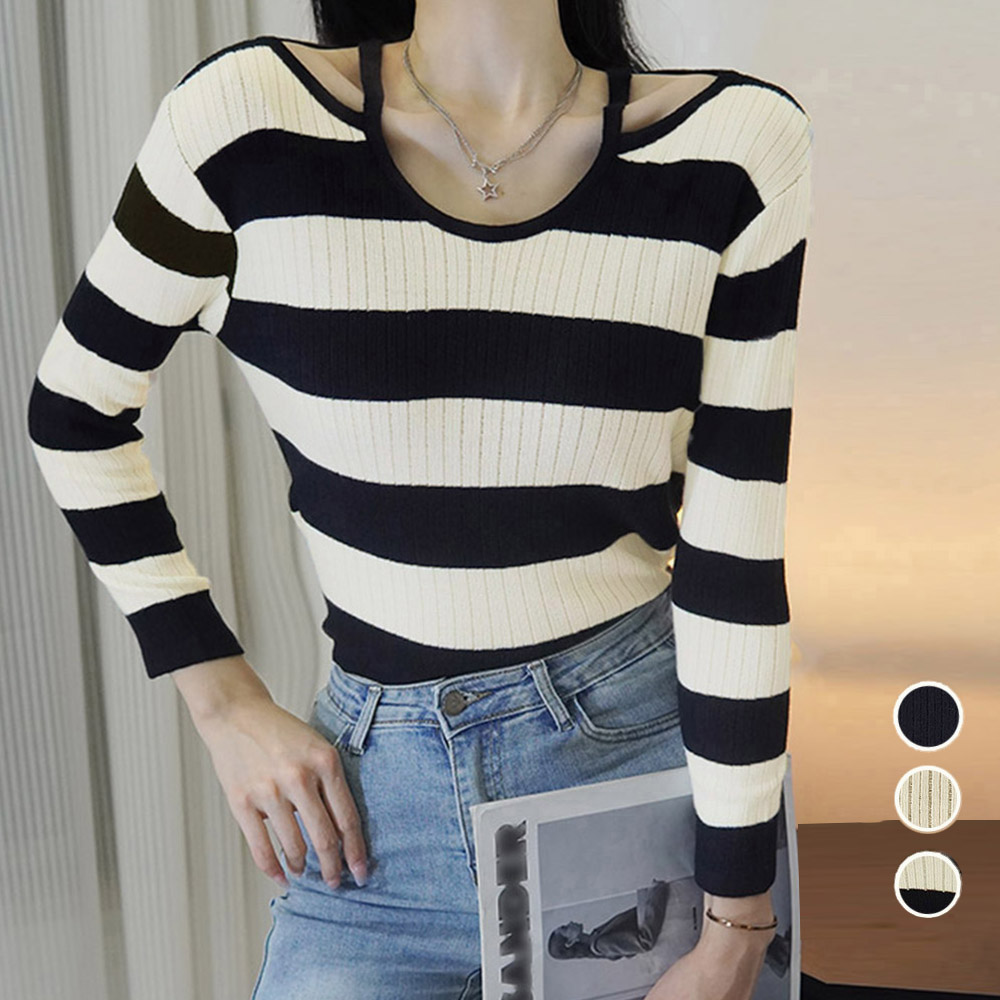 ボーダー服 ボーダー柄ホルターネックリブニット長袖トップス