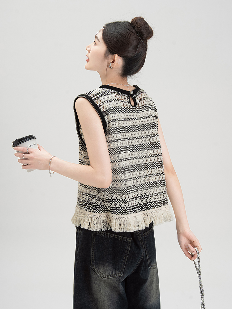 ボーダー服 民族風フリンジ付きボーダータンクトップ