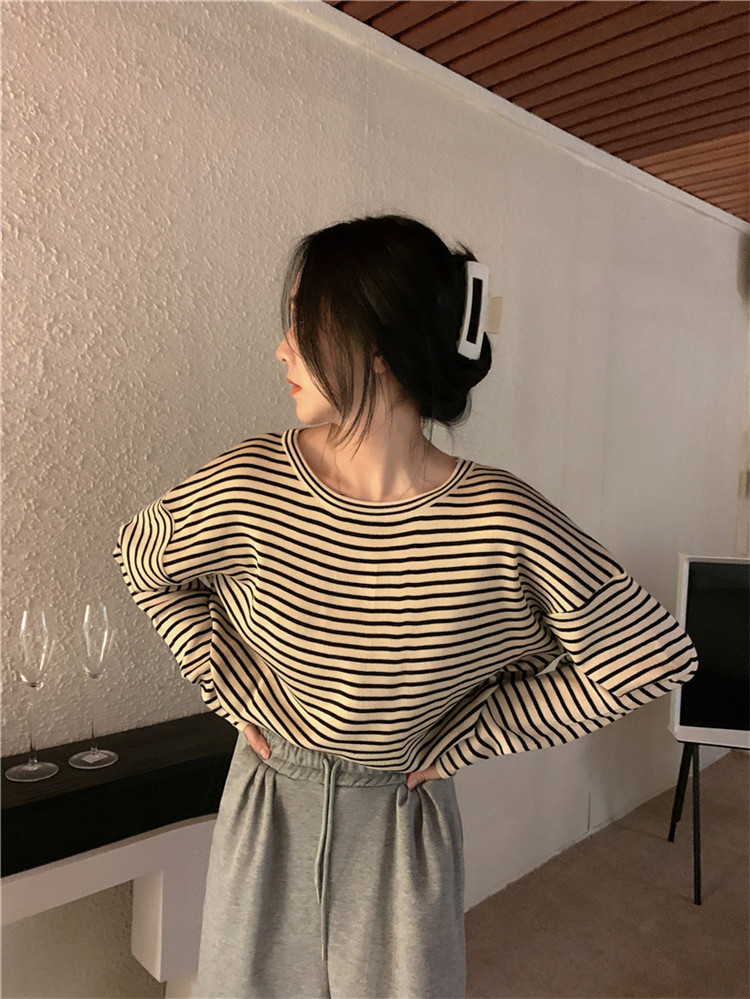 ボーダー服 ロンT ゆったりボーダー丸首ロンT長袖