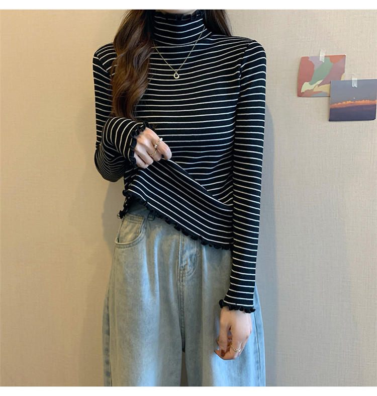 ボーダー服 上質素材の細ボーダータートルネックニット秋冬レディース