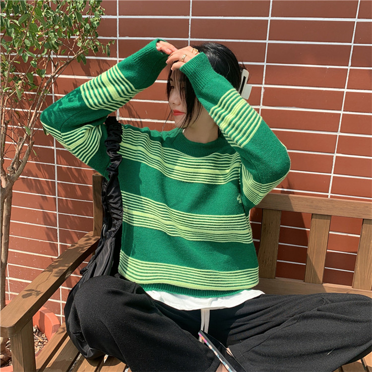 ボーダー服 秋冬ボーダーニットセーター レトロ厚手グリーン