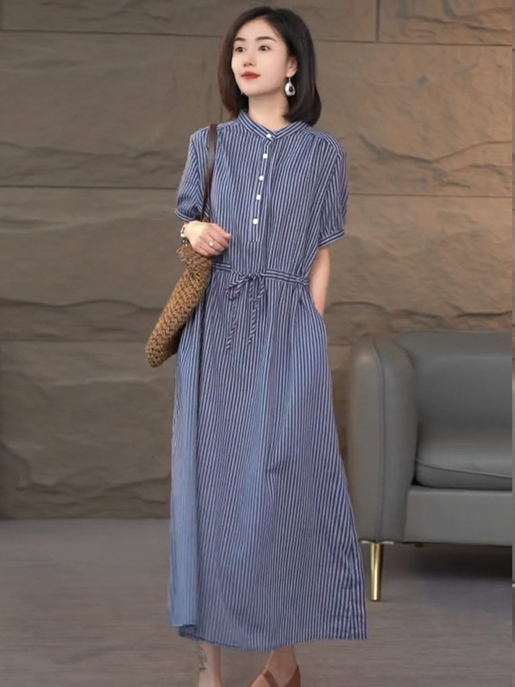 ボーダー服 立ち襟縦縞マキシワンピース