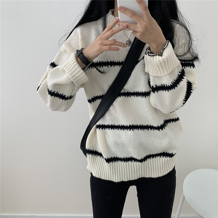 ボーダー服 ゆったり着心地 厚手ボーダーニットセーター 女性用長袖