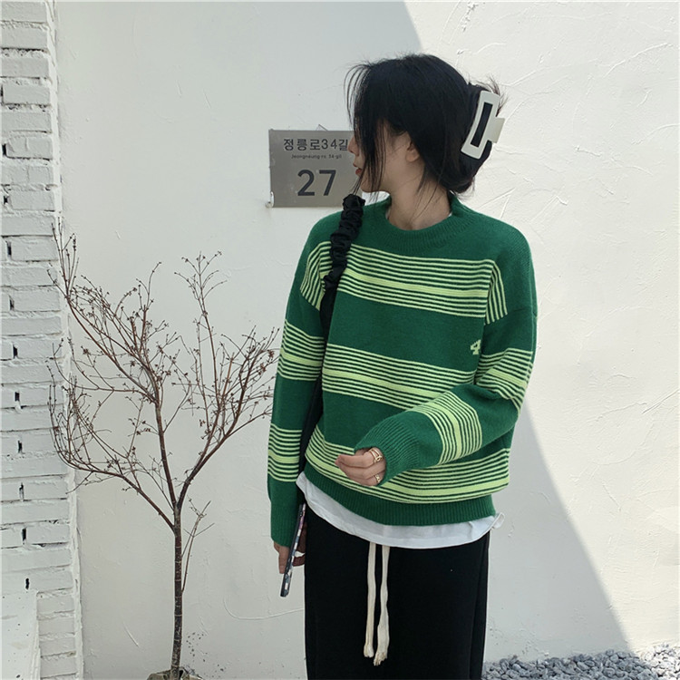 ボーダー服 秋冬ボーダーニットセーター レトロ厚手グリーン