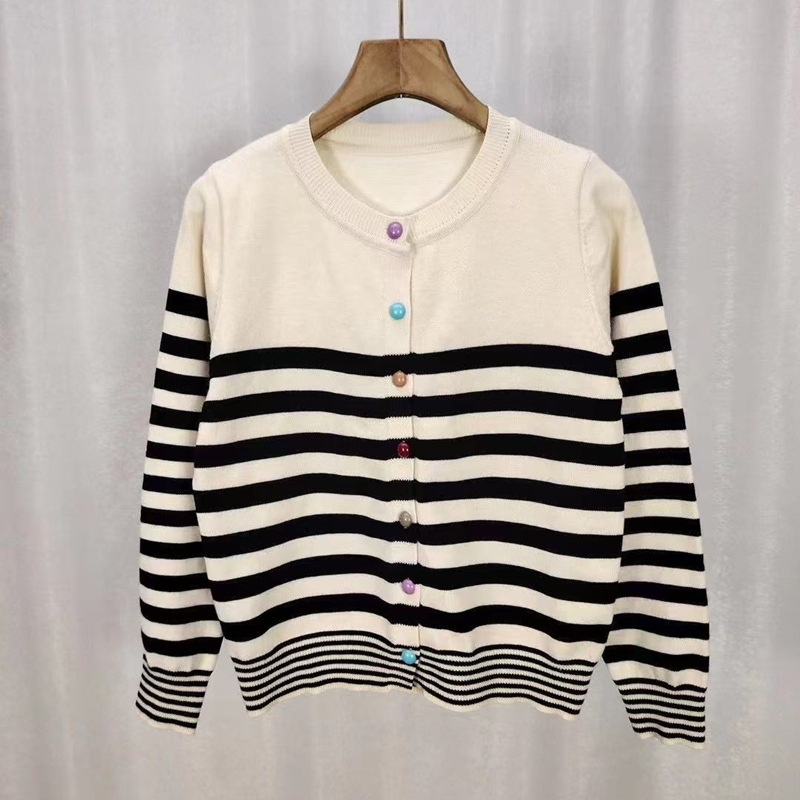 ボーダー服 ボーダー柄カーディガン カラフルボタン丸首ニット