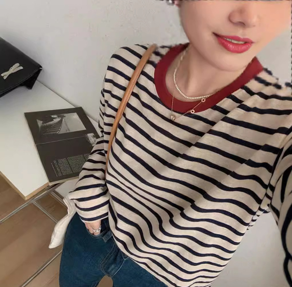 ボーダー服 新作ボーダー柄長袖トップス春秋レディース