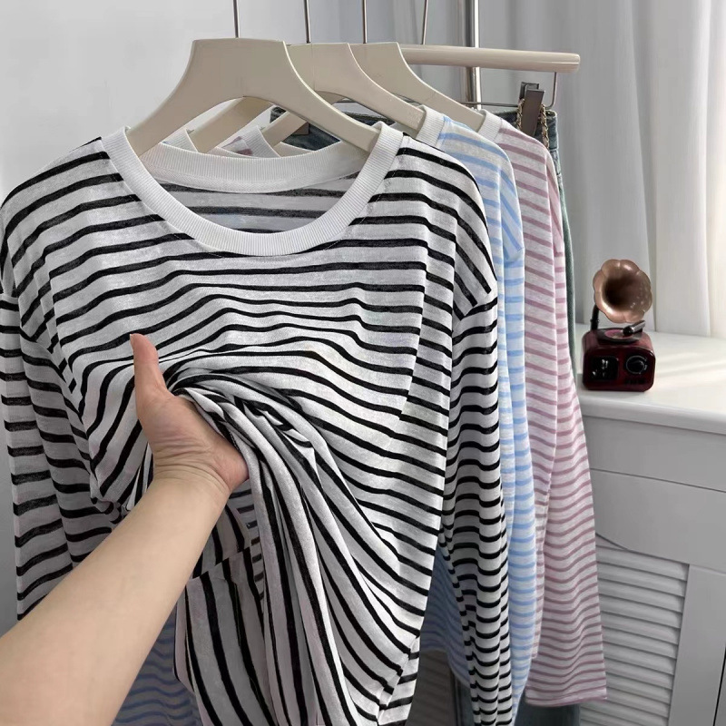 ボーダー服 なめらか肌触り細ボーダー長袖