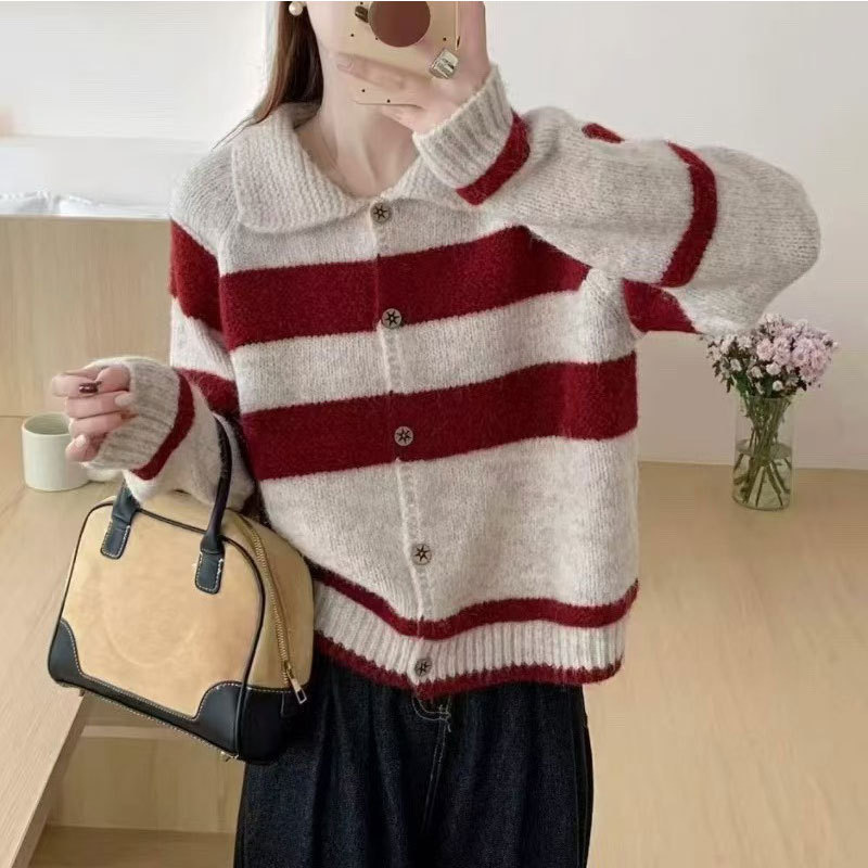 ボーダー服 レトロ襟付きボーダーニットカーディガン