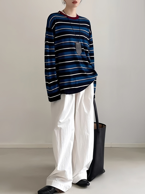 ボーダー服 2025新作 マルチボーダー柄長袖トップス レディース春秋