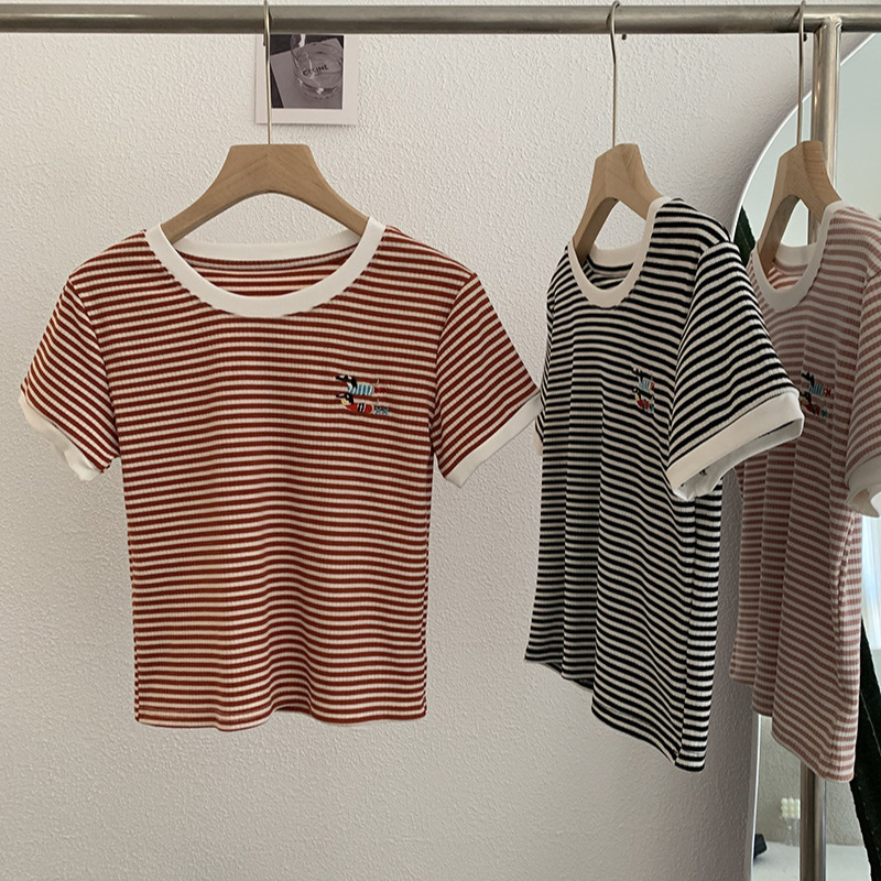 ボーダー服 小さな刺繍付きボーダーＴシャツ