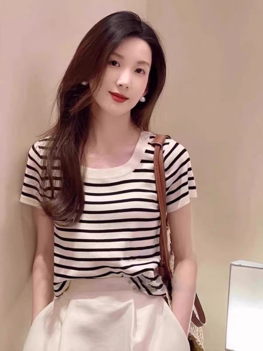 ボーダー服 ボーダー服 クラシック細ボーダー丸首Tシャツ