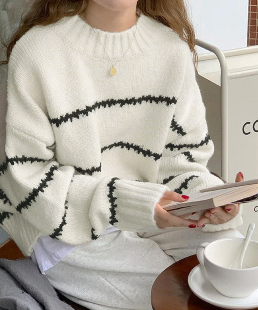 ボーダー服 ボーダーニットセーター レディース 長袖 丸首