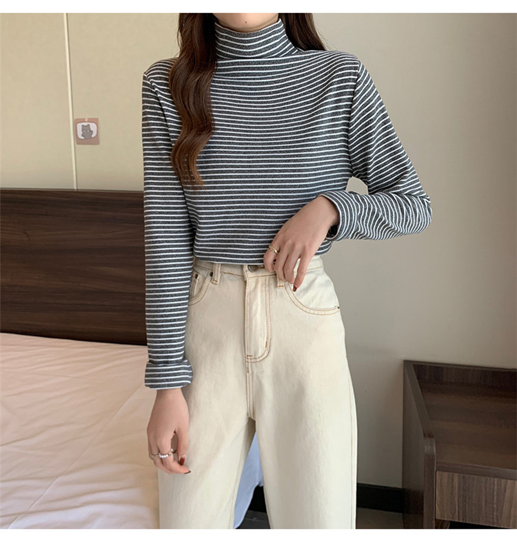 ボーダー服 暖かい厚手ボーダータートルネック長袖シャツ